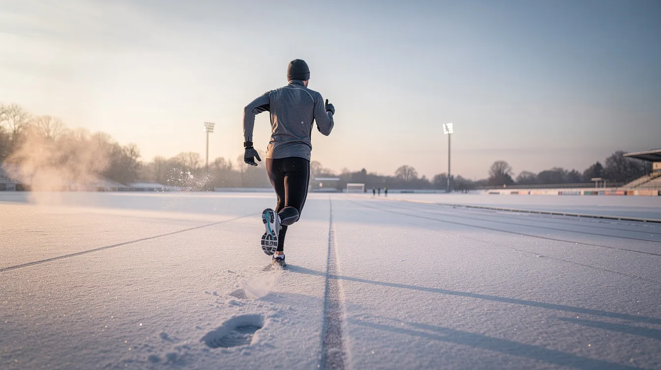 Na zaśnieżonej trasie biegowej, o świcie, samotny zawodnik trenuje, przygotowując się do nadchodzących zimowych igrzysk olimpijskich. Jego zmagania symbolizują determinację sportowców, którzy rywalizują o medale w biegach narciarskich, a także w innych dyscyplinach zimowych, takich jak narciarstwo alpejskie czy skoki narciarskie.